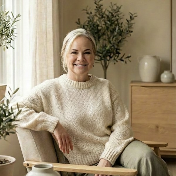 Sheila Stearos, founder of Olive Branch Caregiving, seated in a warm sunlit room beside olive trees